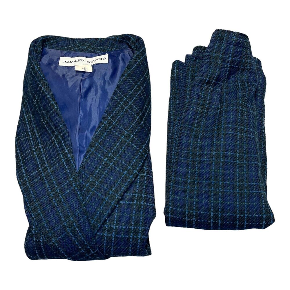 Adolfo Studio 2 Piece Skirt Suits Women's 6 Blue Plaid Polyester Double Breasted - Picture 13 of 16